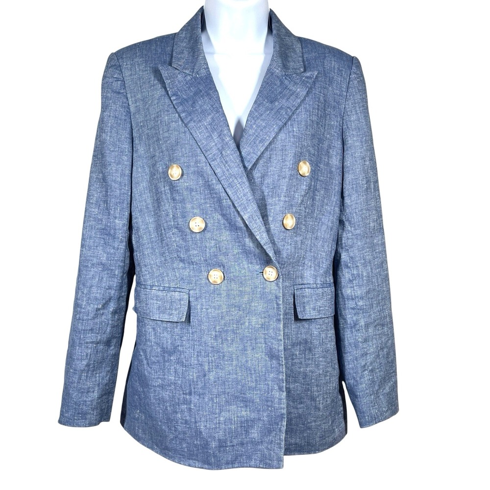 LOFT Linen Melange Double Breasted Blazer Womens 4 Blue Career Office Preppy